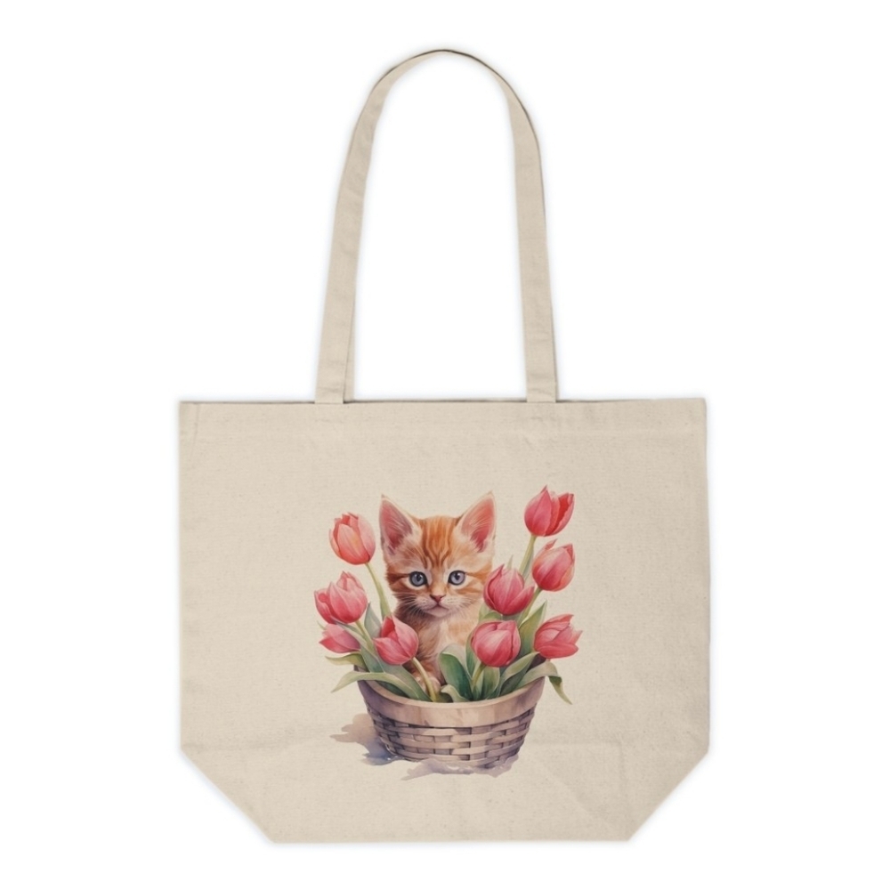 Floral Cat in a Basket Custom Canvas Tote Bag